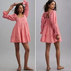 Pilcro Long-Sleeve Babydoll Mini Dress - Puff Sleeve - Coral/Pink + White - Sz M